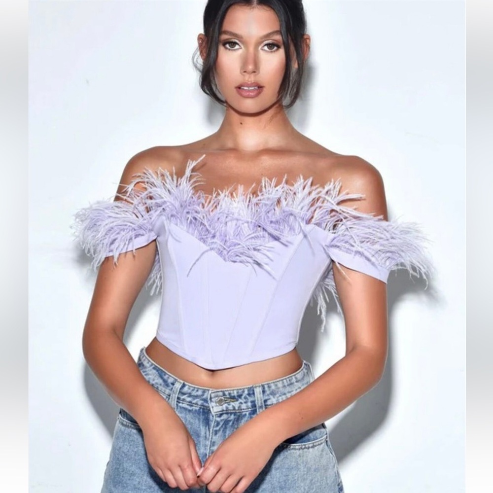 Lavender Off Shoulder Ostrich Feather Trim Corset Top - NWT